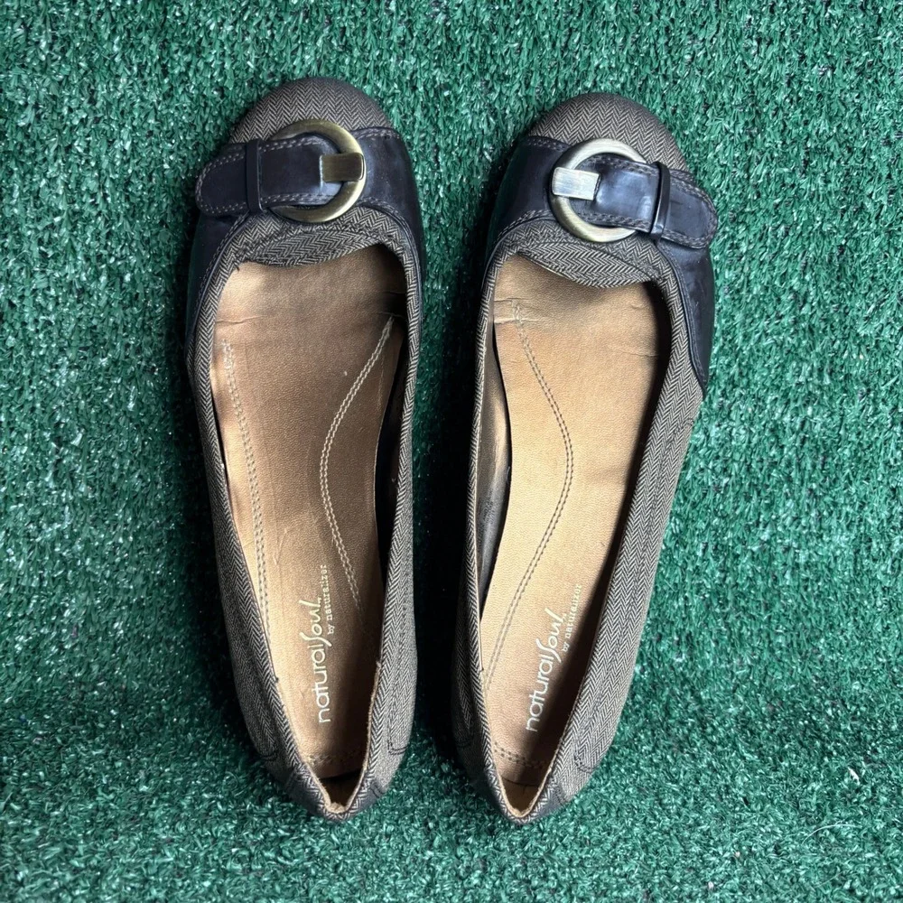 Natural Soul Malvina Herringbone Buckle Classic Ballet Flats Brown Womens Sz 10